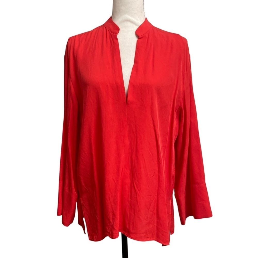 ZARA Red Viscose Lyocell Popover Blouse Mandarin Collar Long Sleeve M